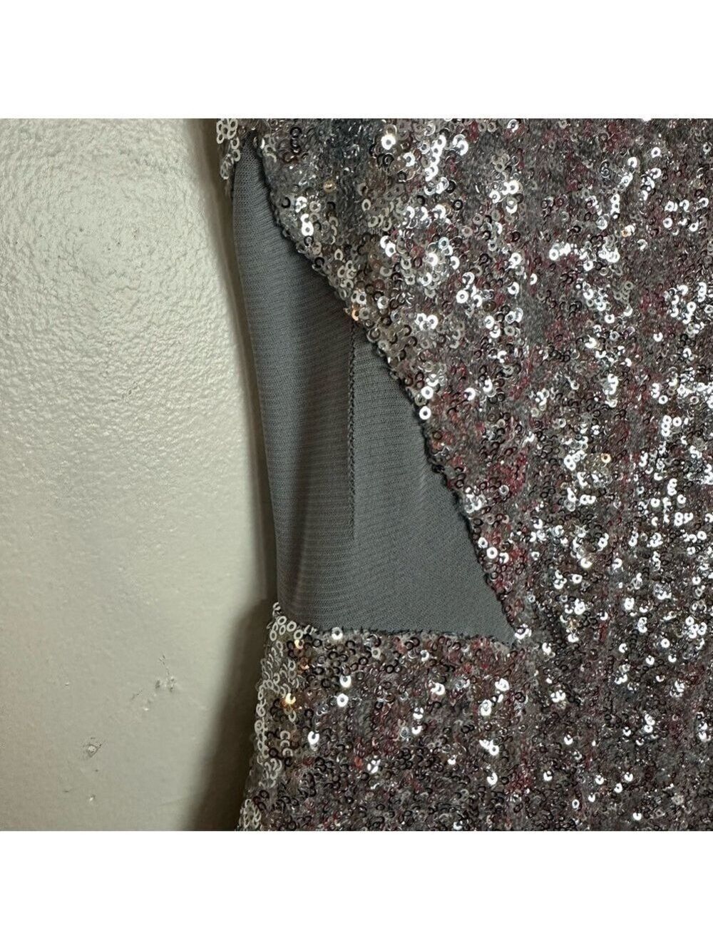Bebe Silver Sequin Bodycon Sleeveless Mini Dress with Mesh Cutouts - Picture 12 of 14